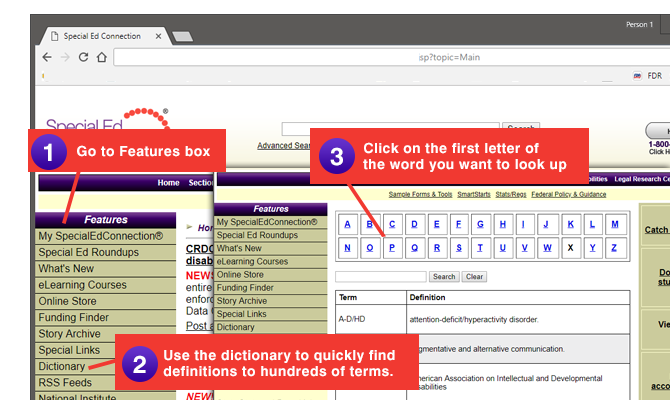Go to the Features box. Click on the link to the Dictionary.