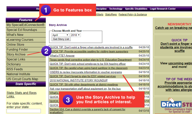 Go to the Features box. Click on the Story Archive link.